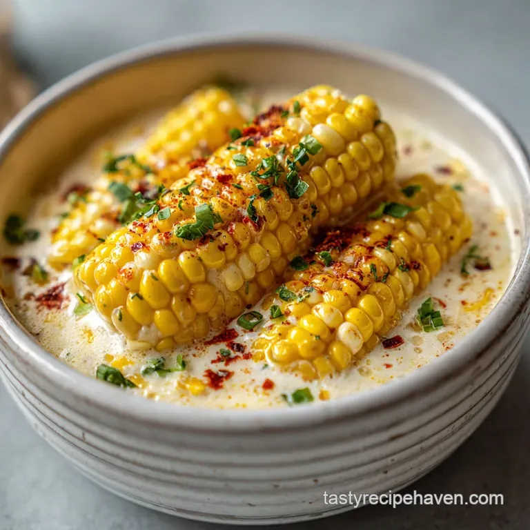 Individual serving of the creamy corn casserole, garnished with fresh parsley. Steam rising from the warm dish.