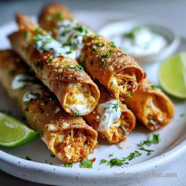 Three cream cheese chicken taquitos plated elegantly, drizzled with sauce, sprinkled with herbs, beside a colorful side sa...