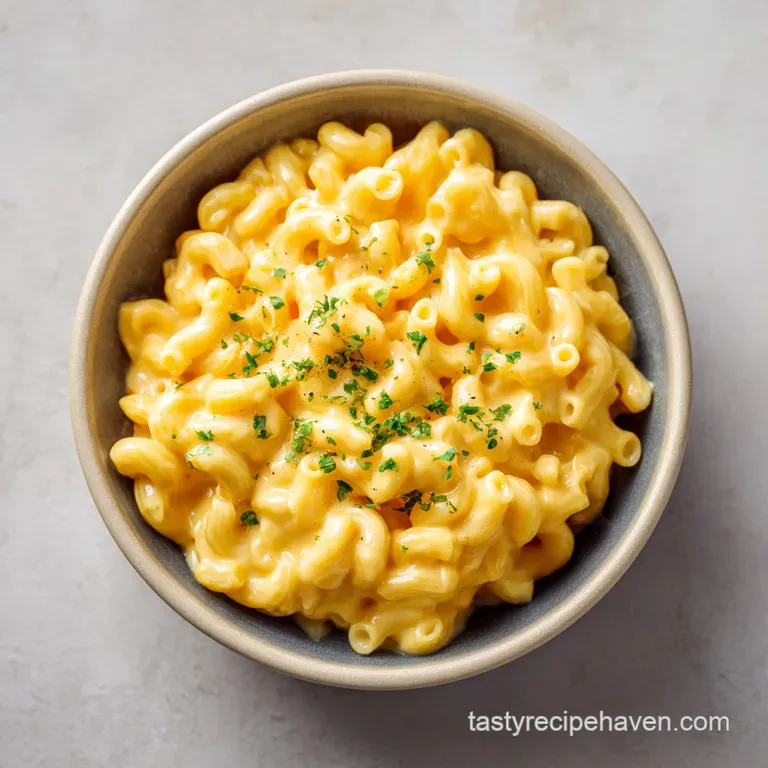 A swirl of creamy, golden pasta topped with a fresh parsley garnish on a white plate.
