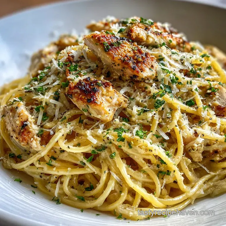 Perfectly twirled pasta with creamy garlic Parmesan sauce, juicy chicken slices, and fresh parsley sprigs on a white plate.