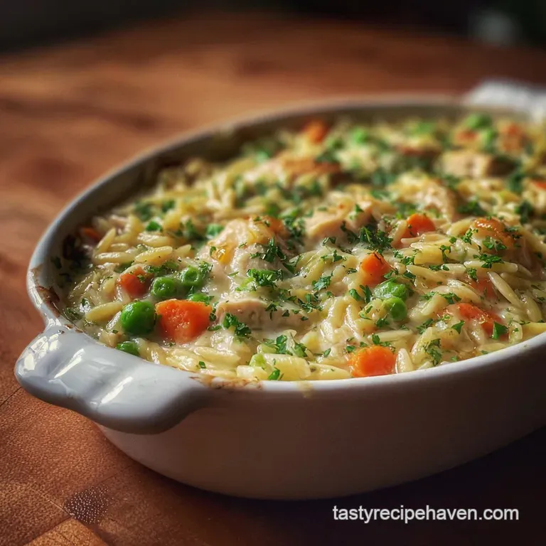 Individual bowl of steaming orzo pot pie, topped with a golden, puffed pastry round. Garnish of fresh thyme sprigs.