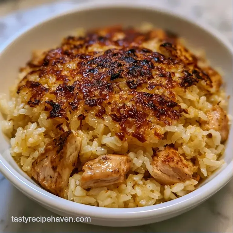 A neat serving of creamy rice and chicken topped with toasted gold panko, garnished with fresh green parsley.
