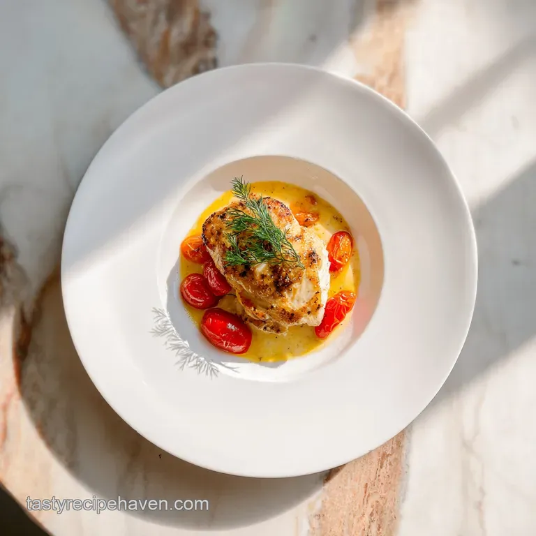 Pan-seared chicken breast artfully arranged on a white plate, bathed in a decadent cream sauce.