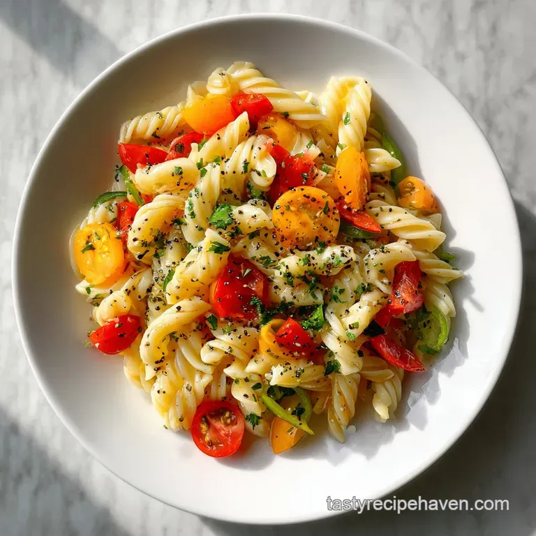 Elegant serving of creamy pasta salad. Soft, al dente noodles glisten amidst crisp vegetables, ready to be savored.