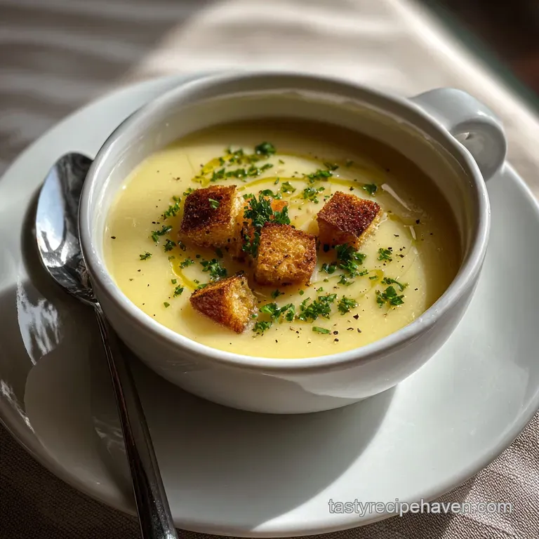 Elegant bowl of rich potato soup, garnished with fresh chives and a swirl of cream, hints at its comforting, slow-cooked n...