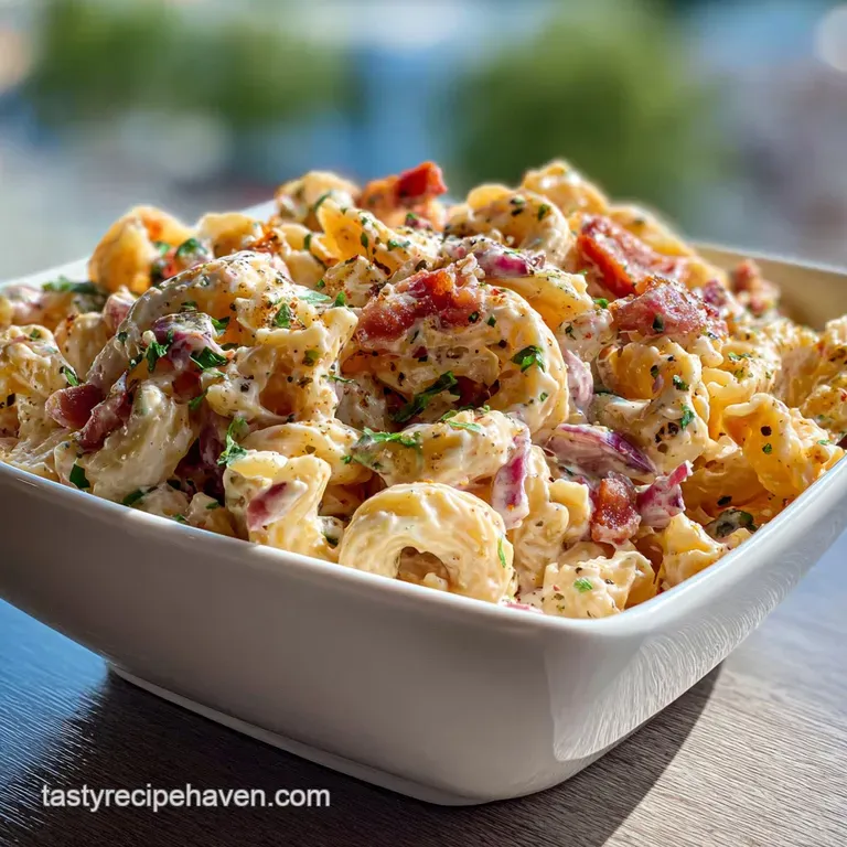 Creamy pasta salad piled high on a plate, speckled with herbs and vegetables. A fresh, inviting dish ready to be enjoyed.