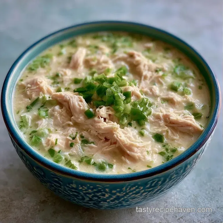 A white bowl of creamy stew topped with sour cream swirls and green onions, set against a neutral linen cloth.