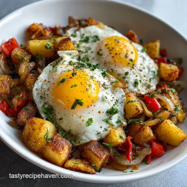 Breakfast hash artfully plated: crisp potatoes, savory sausage, and a perfectly poached egg, topped with vibrant green chi...
