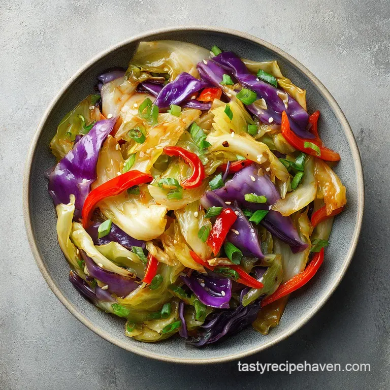 A colorful stir-fry artfully plated, with crisp shredded cabbage, tender vegetables and a drizzle of sauce on a white plate.