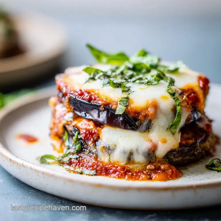 Tower of layered eggplant parmesan on a white plate. Sprig of fresh basil adds a pop of green against the rich red sauce.