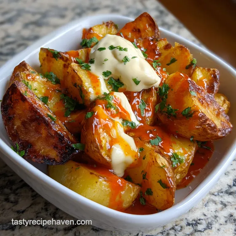 Spanish Tapas: Crispy Patatas Bravas with Aioli presentation
