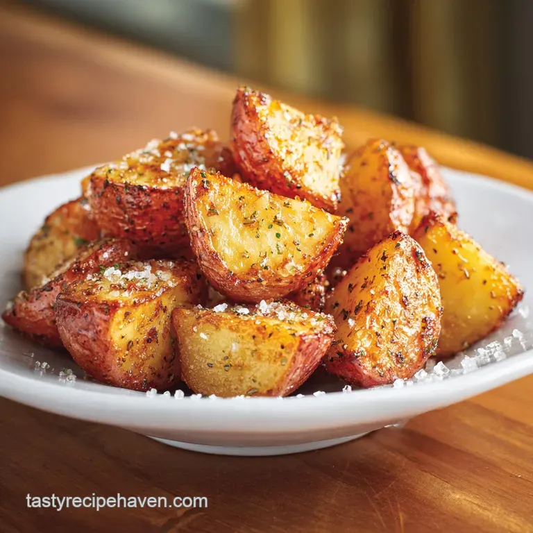 Perfectly plated roasted red potatoes, glistening with oil and herbs, alongside a sprig of rosemary. Earthy and rustic charm.