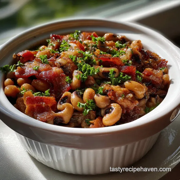 Creamy black eyed peas, artfully plated with crispy bacon crumbles and a sprig of fresh parsley, offering a delightful vis...