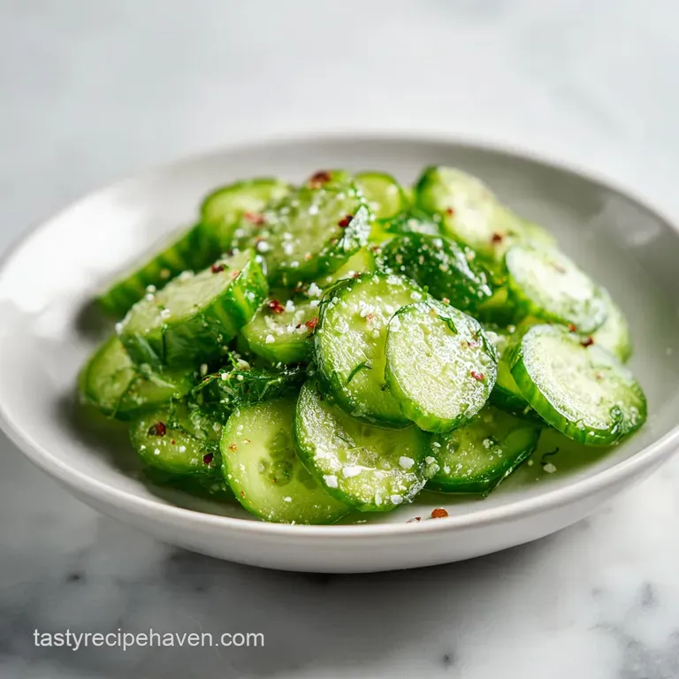 A neat swirl of bright green cucumber salad topped with a sprinkle of dill on a white plate.