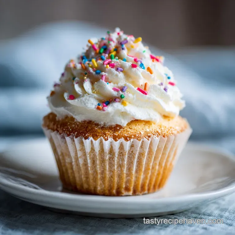 Elegant cupcake presentation. Fluffy white frosting swirls atop moist cake; sprinkles add playful color.