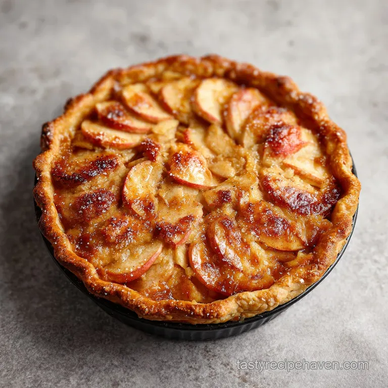 Slice of warm Dutch apple pie, flaky crust, piled high with apples and crumbs, served on a white plate with a fork.
