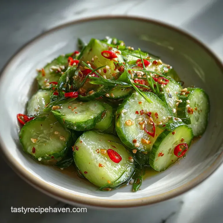 Thinly sliced cucumbers tossed in a tangy dressing with sesame seeds and herbs, plated with chopsticks for an elegant touch.