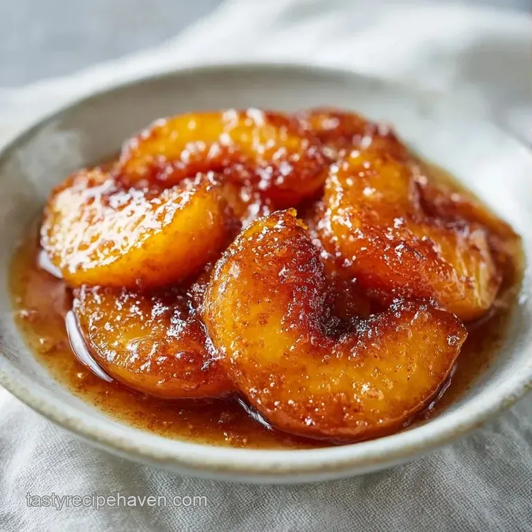 Two juicy roasted peach halves resting on a white ceramic plate, topped with a dollop of cream and mint leaves.
