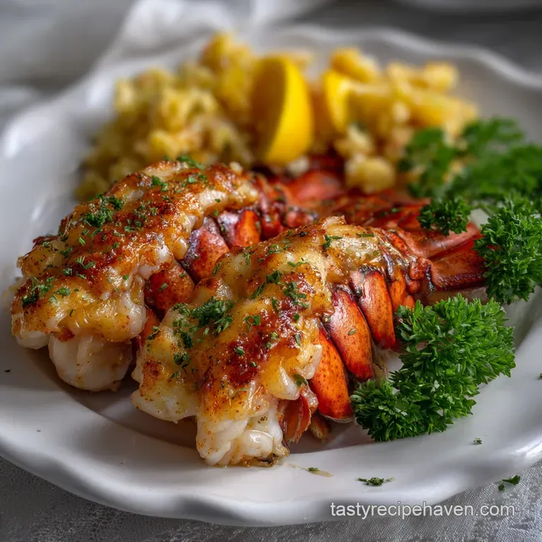 Elegant plate featuring broiled lobster tail, glistening with butter, alongside vibrant green parsley and a bright lemon h...