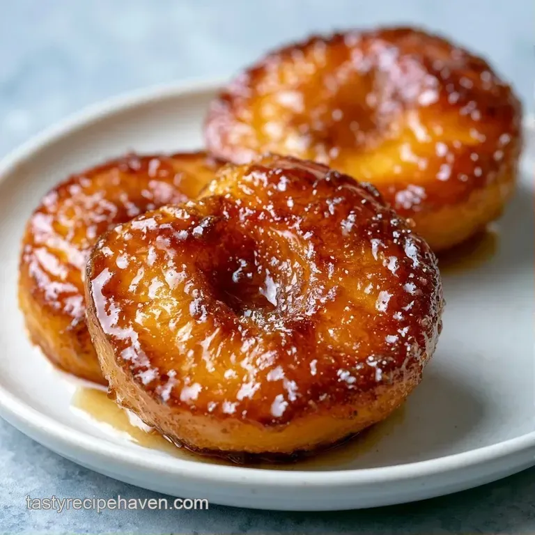 Soft, golden peach halves drizzled with amber syrup and topped with a dollop of cream on a matte blue plate.