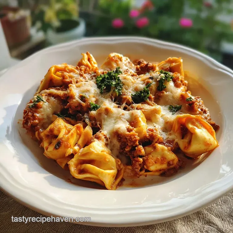A single serving of cheesy baked tortellini glistens, adorned with vibrant parsley. Steam rises, promising warmth and comf...
