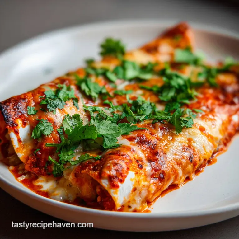 Two rolled tortillas drizzled with white cream sauce, topped with melted cheese and a sprig of fresh cilantro.