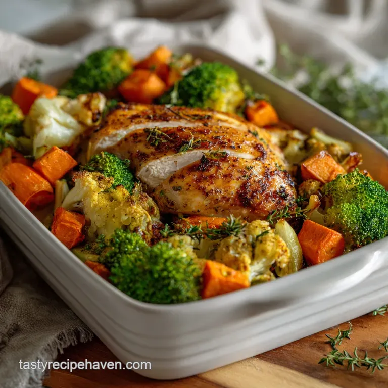 Perfectly golden chicken thigh plated beside colorful roasted root vegetables; steam gently rises, inviting consumption.