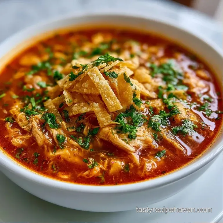 Elegant bowl of orange-hued broth garnished with precise avocado fans, bright green cilantro, and toasted strips.