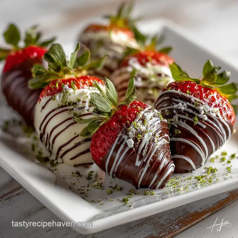 Elegant plate: Chocolate-dipped strawberries with drizzles and toppings, artfully arranged with a dusting of powdered suga...