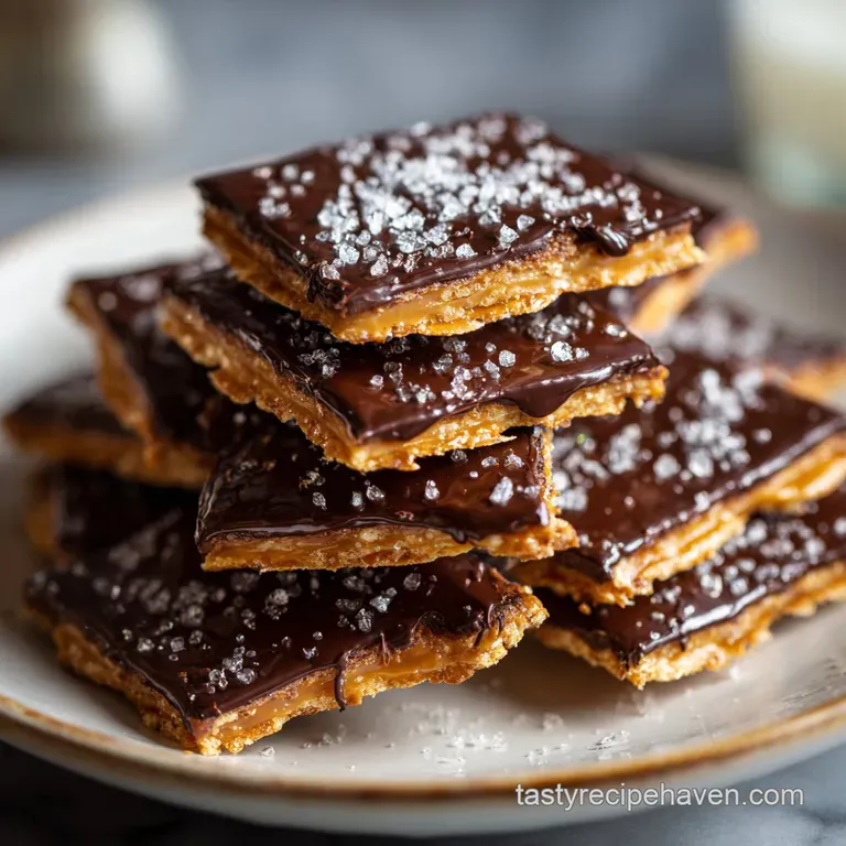 Stacks of golden, brittle toffee squares with glistening chocolate and pecans arranged on a white plate, ready for gifting.