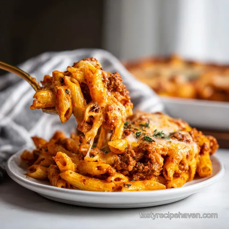 Creamy baked ziti, layered in a white bowl, with melted cheese. A simple, yet elegant pasta meal, fresh out of the oven.