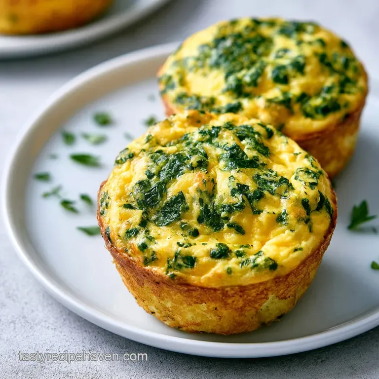 A stack of fluffy yellow egg bites on a white ceramic plate, garnished with a sprig of fresh green parsley.