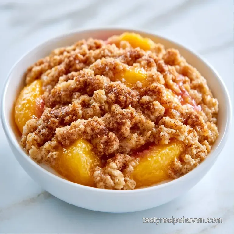 Elegant plating of caramelized peach slices with a swirl of vanilla cream and a dusting of cinnamon powder.