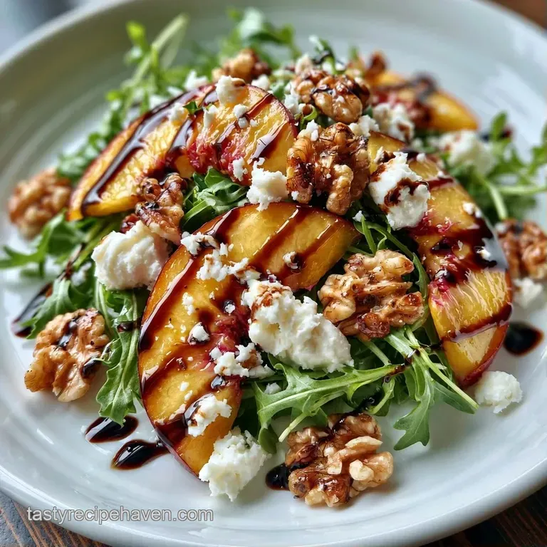 Vibrant orange peach slices and white feta crumbles on a bed of dark greens, finished with a glossy balsamic drizzle.