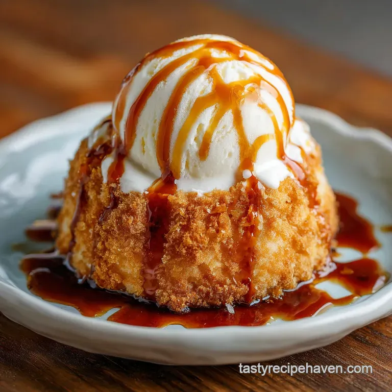 Crisp fried ice cream sphere sits atop a swirl of rich caramel, garnished with crunchy nuts and drizzles of dark chocolate...