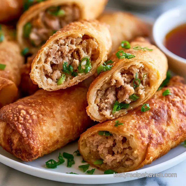 Sliced rolls on a white plate with toasted sesame seeds and green scallions next to a bowl of red dipping sauce.