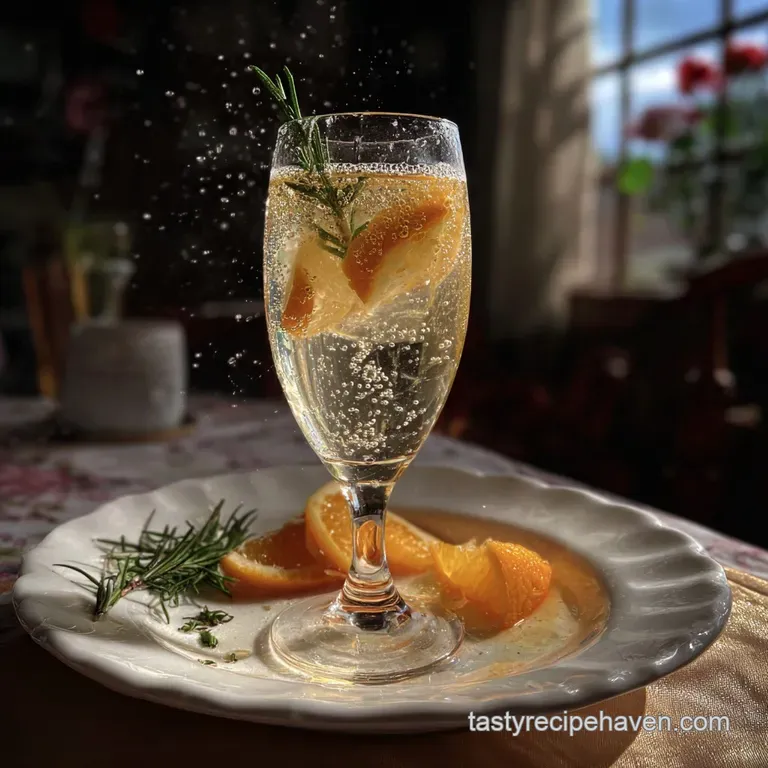 Elegant champagne flute with a vibrant, pinkish-gold liquid, presented on a mirrored tray with scattered sugared fruit for...
