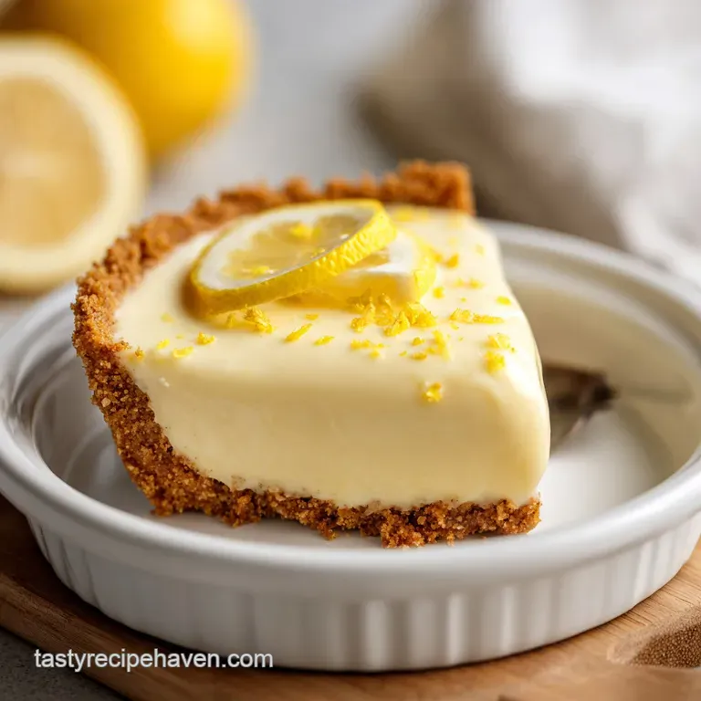 A slice of pale yellow citrus tart on a white plate with a swirl of whipped cream and a fresh mint leaf garnish.