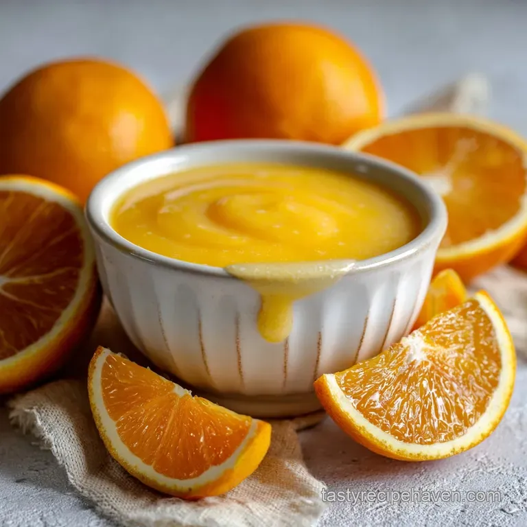 Delicate drizzle of bright orange sauce over a flaky pastry. Glistening droplets catch the light, accentuating the dessert...
