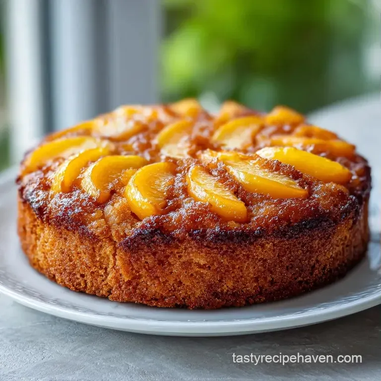 A fluffy slice of yellow cake on a white plate, garnished with a fresh peach slice and a sprig of mint.