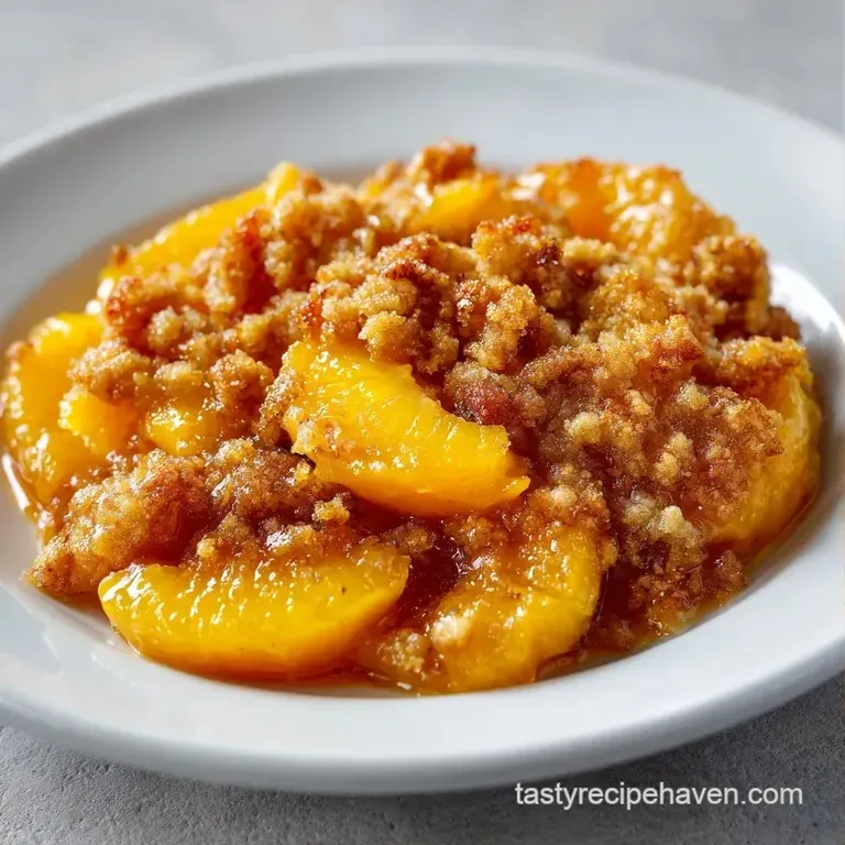 Elegant slice of golden peach tart on a white plate, garnished with a fresh mint leaf and powdered sugar
