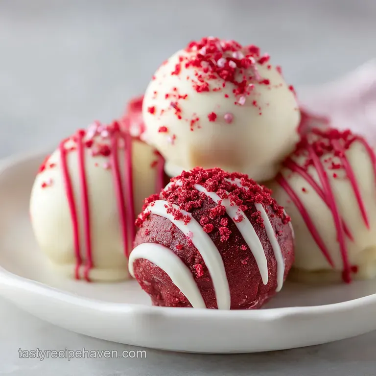 Elegant display of red velvet truffles, piped with cream cheese frosting and sprinkled with red velvet cake crumbs on a st...
