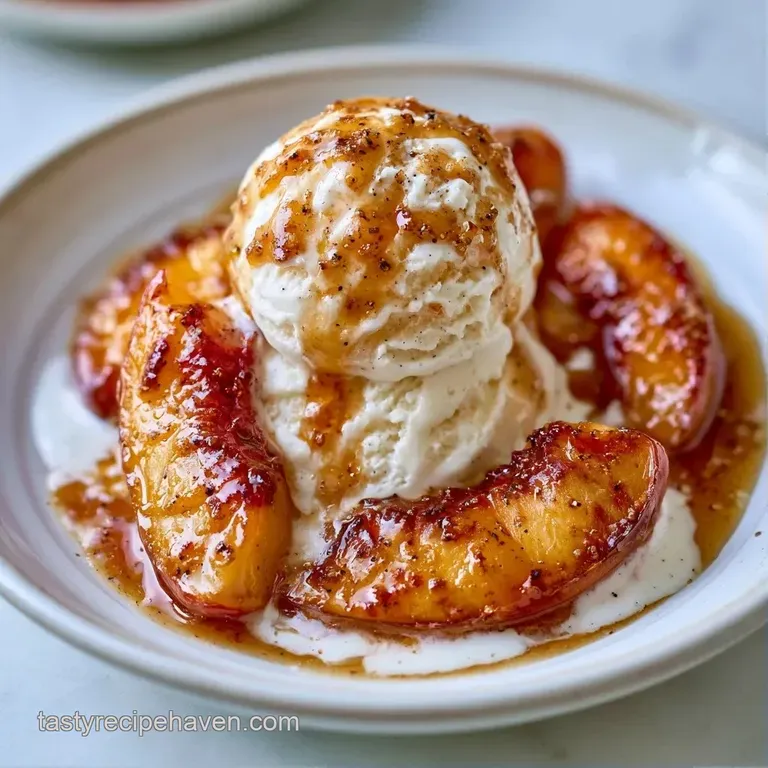 Sliced caramelized peaches arranged around a scoop of creamy vanilla ice cream on a sleek, modern ceramic plate.