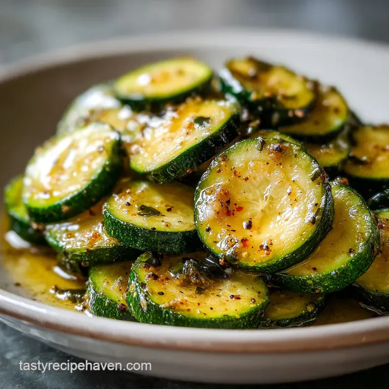 Neatly stacked zucchini rounds on a white ceramic plate, garnished with a lemon wedge and red pepper flakes.