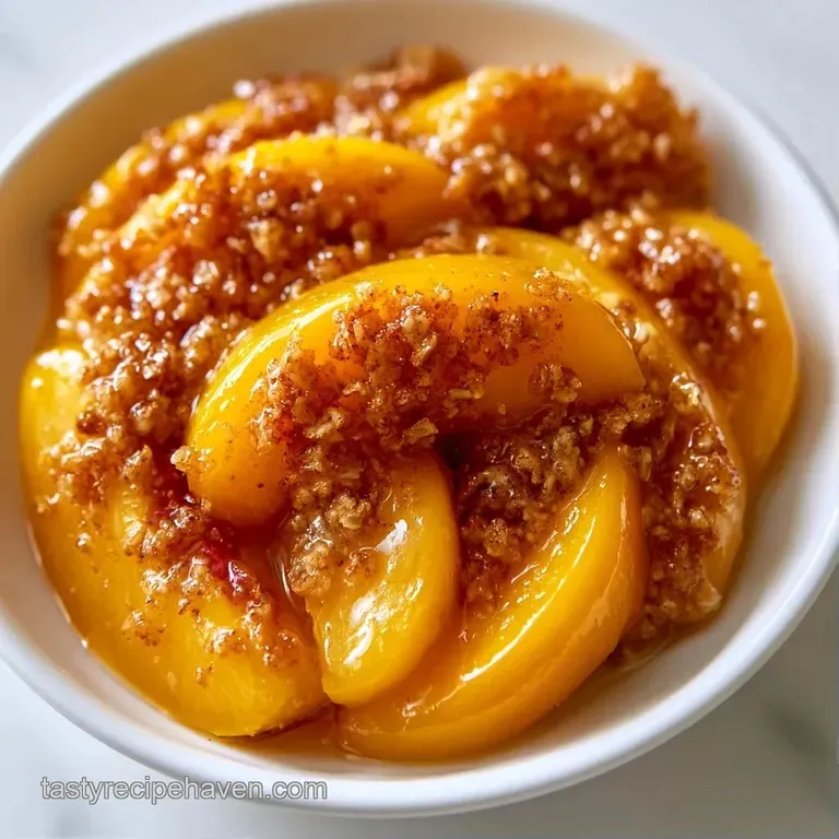 Slices of vibrant orange peaches fanned on a white plate with a dollop of cream and a fresh sprig of mint.