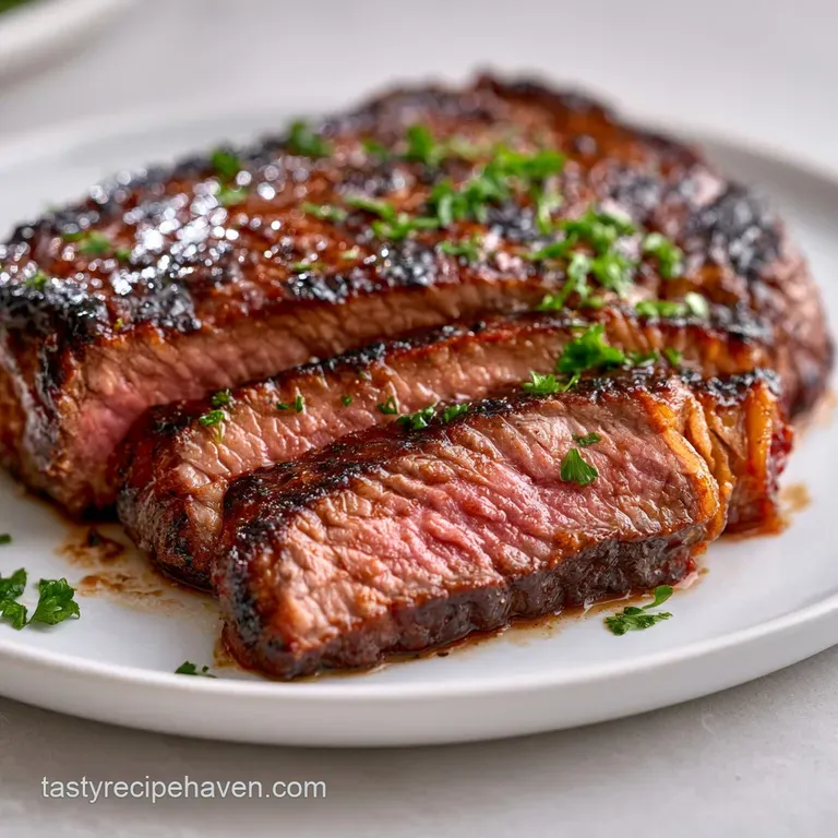 Sliced medium-rare steak on a dark slate platter, garnished with fresh rosemary and coarse crystals of sea salt.