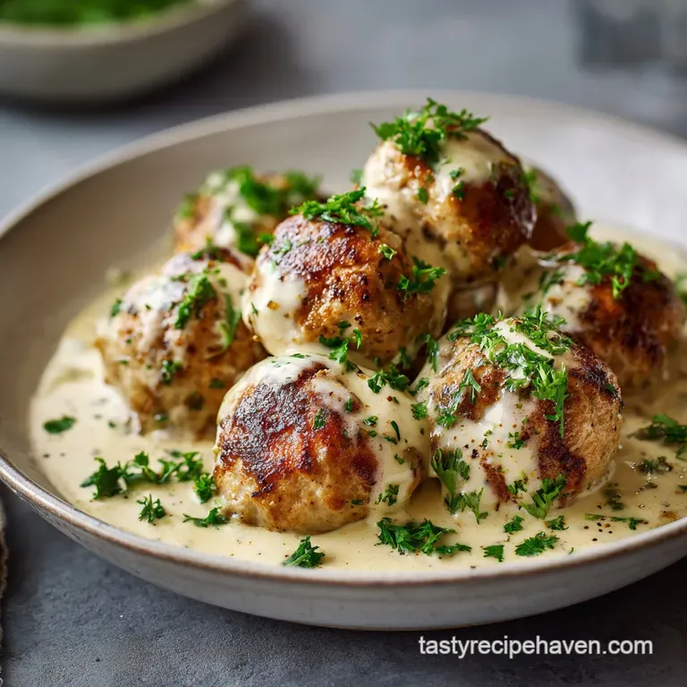 Three seared meatballs drizzled in velvet white sauce on a white plate, accented by a dollop of bright red berry jam.