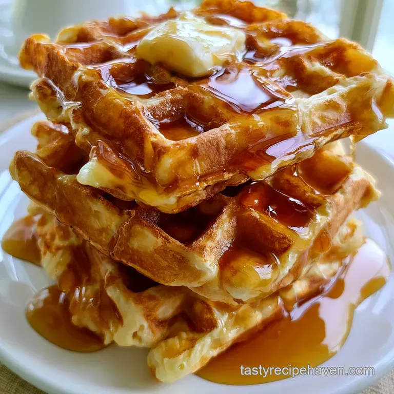 A stack of golden waffles on a white plate, garnished with fresh blueberries and a small pitcher of amber syrup.