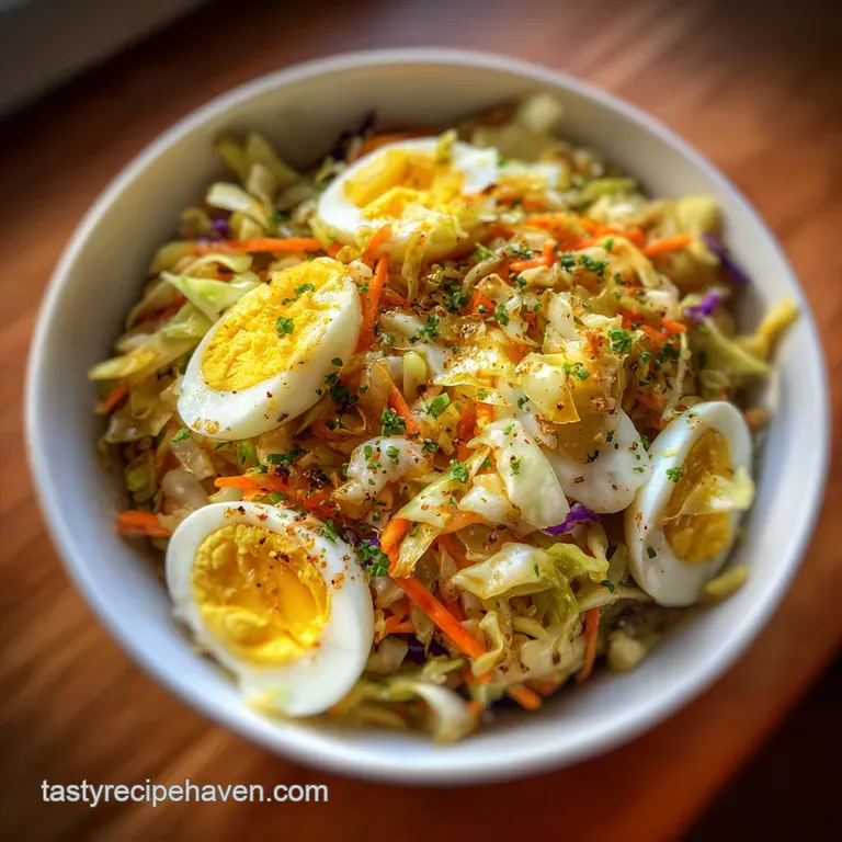 Egg roll in a bowl served in a white bowl, vibrant veggies and pork with a glossy, appetizing sauce. Sprinkled with sesame...