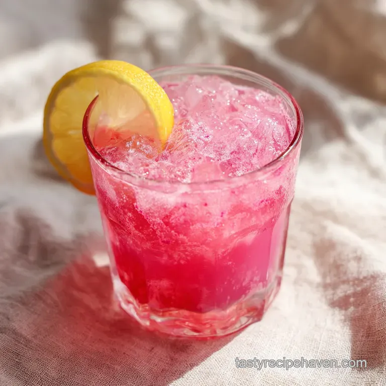 Icy pink lemonade in a tall glass, garnished with a lemon wedge, edible glitter, and a paper straw, suggesting refreshing ...